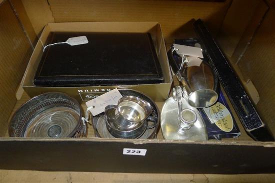Six pairs of silver-handled fruit eaters, cased, sundry plated items inc flatware, pair coasters, etc.